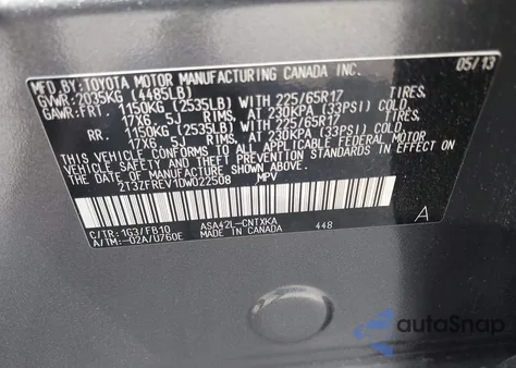 2013 Toyota Rav4 Le из США, поврежденный, VIN 2T3ZFREV1DW022508